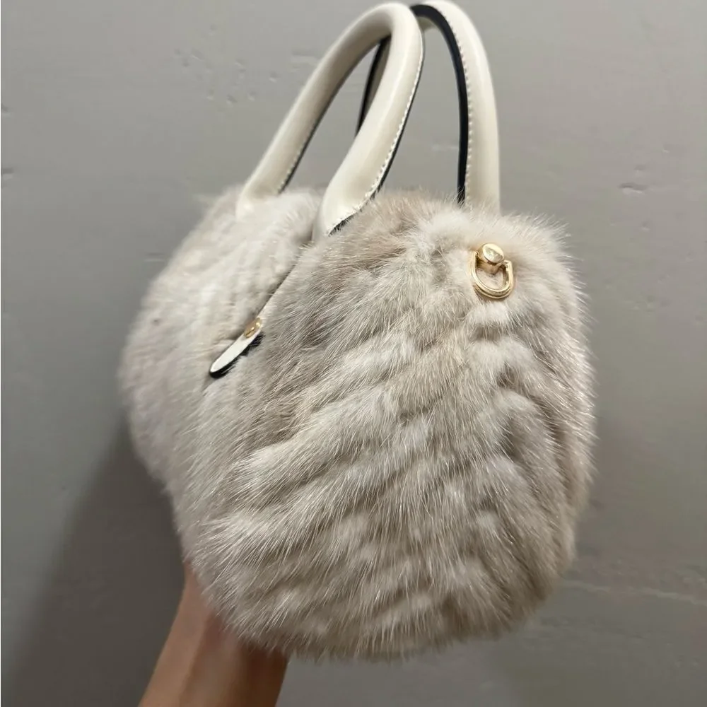 Ivory Real Mink Fur & Leather Handles Handmade Boston Bag & Mink Fur Bag Charm